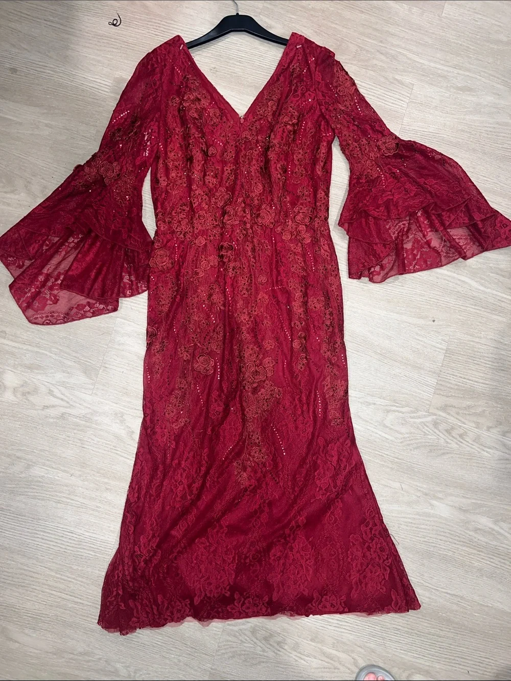 Jovani Red Lace V-Neck Gown w/ Tiered Bell Sleeves and rhinestones